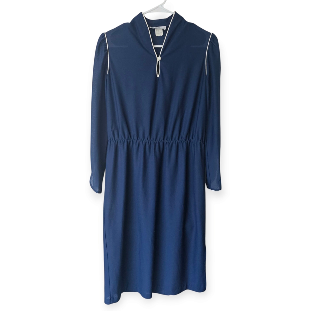 Vintage Especially Yours Long Sleeve Navy Dress White Piping 60's Doll Vibe